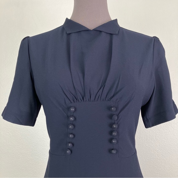 Lindy Bop 1940s Navy Blue Amelia Vintage Collared A-line Midi Dress UK 10 Small - Picture 3 of 15